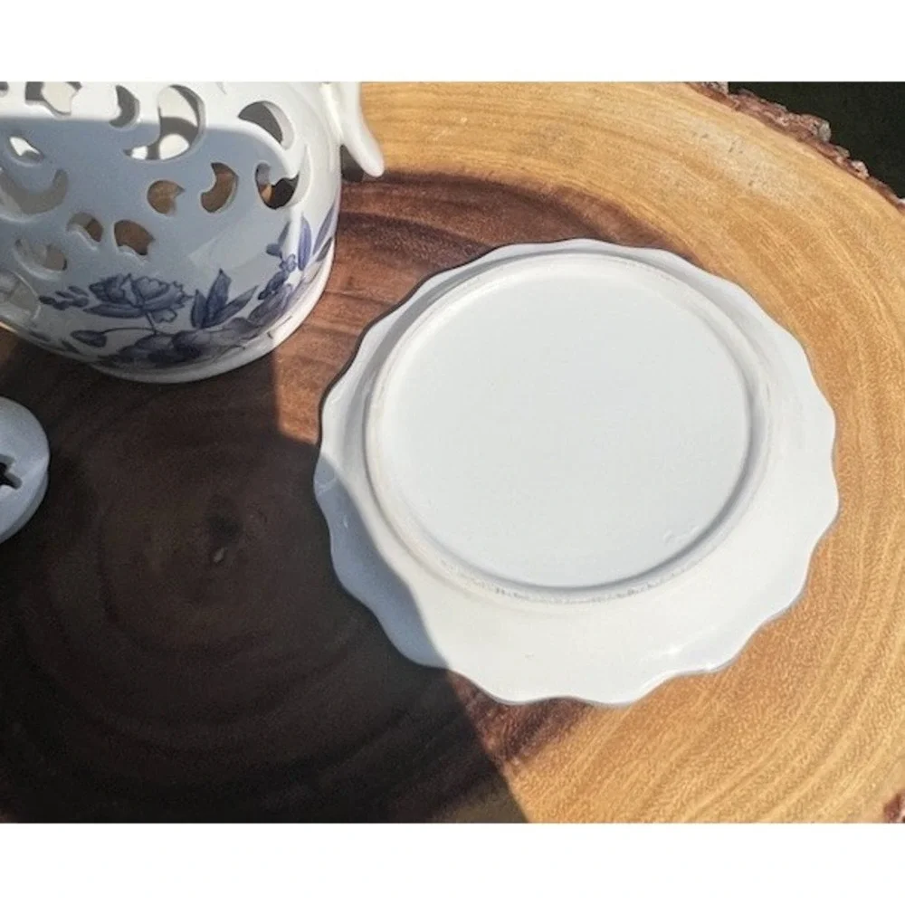 Blue White Porcelain Coffee Pot Tealight Fairy Light Lantern Pierced Floral
